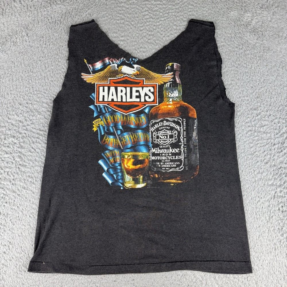 harley davidson jack daniels cut off tank tee Thin Distressed Single Stitch 80s